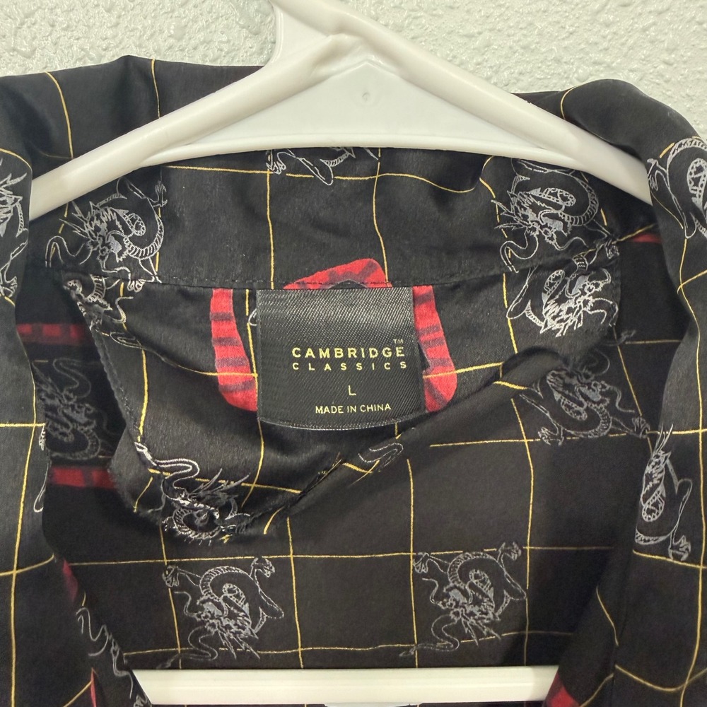 Cambridge Classics Mens Large 100% Silk Dragon Grid Button Down Shirt Black Red - Picture 2 of 7